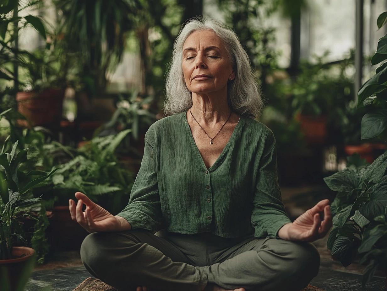 Літня жінка медитує в комфортній позі лотоса